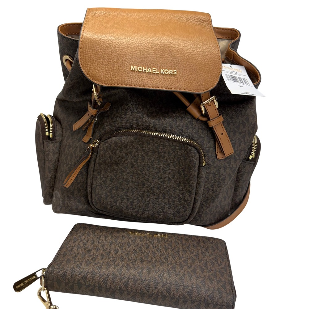 Michael Kors Abbey Cargo Backpack Women Large Brown Acorn Logo Print Wallet Set
